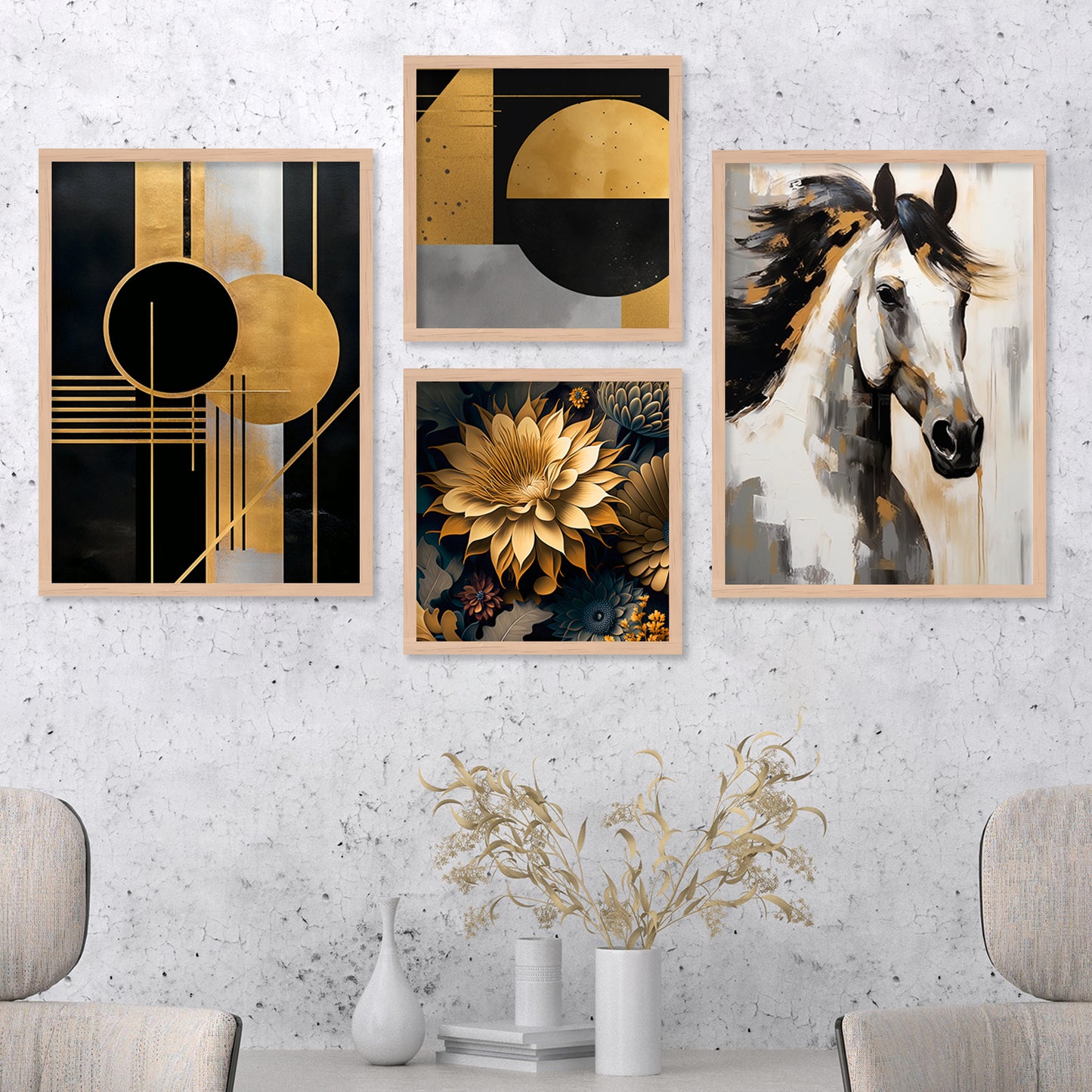 Aesthetic Golden and Black Modern Horse Art Wall Decor Paintings with Frame for Living Room Bedroom Home Decoration