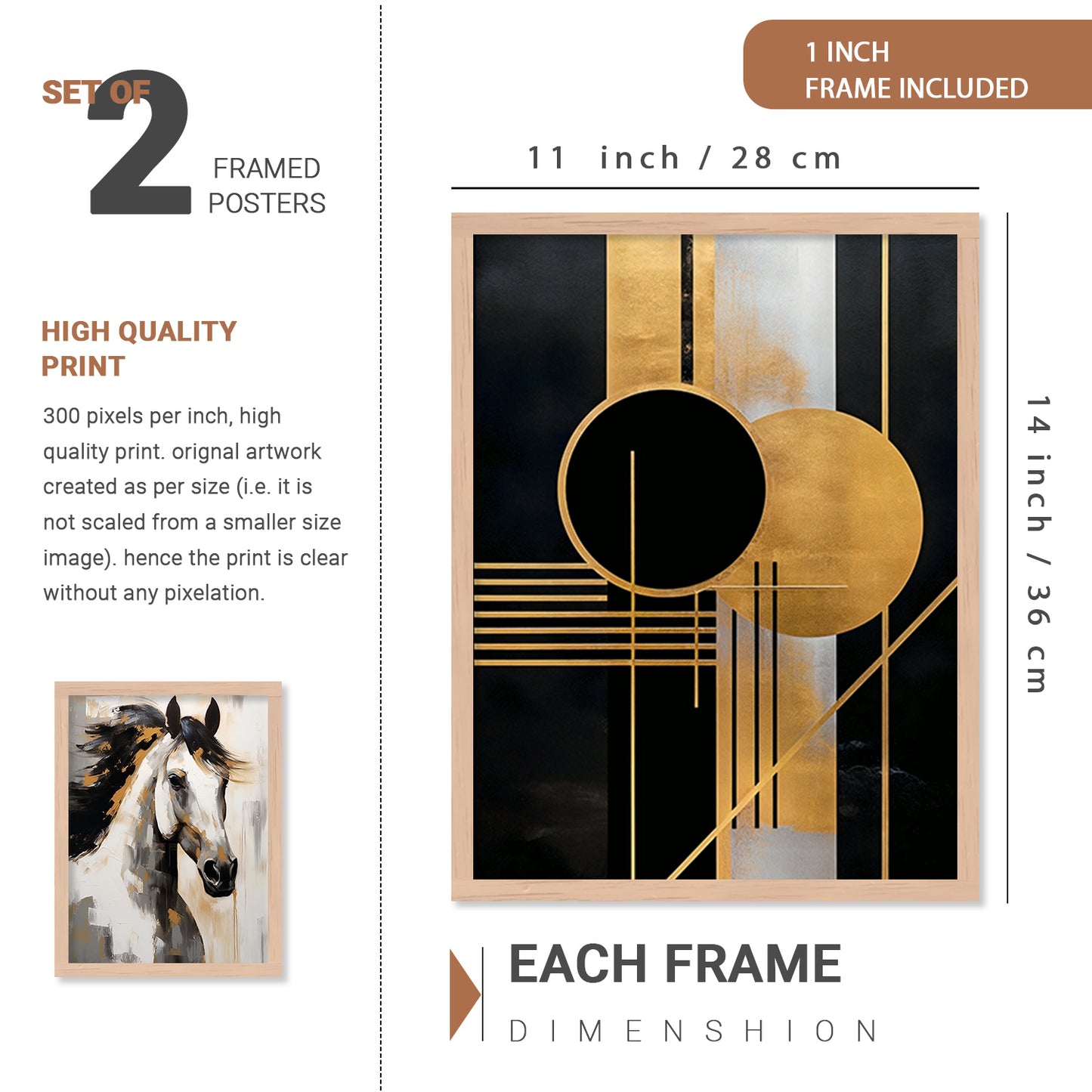 Aesthetic Golden and Black Modern Horse Art Wall Decor Paintings with Frame for Living Room Bedroom Home Decoration