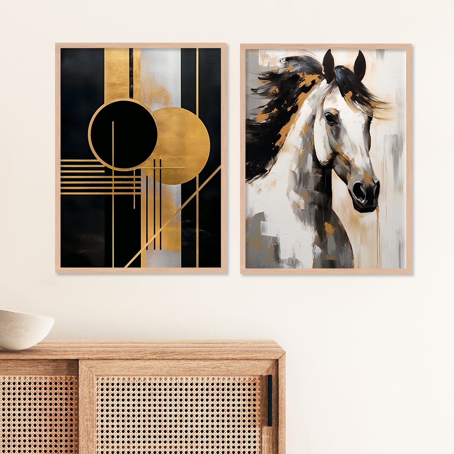 Aesthetic Golden and Black Modern Horse Art Wall Decor Paintings with Frame for Living Room Bedroom Home Decoration