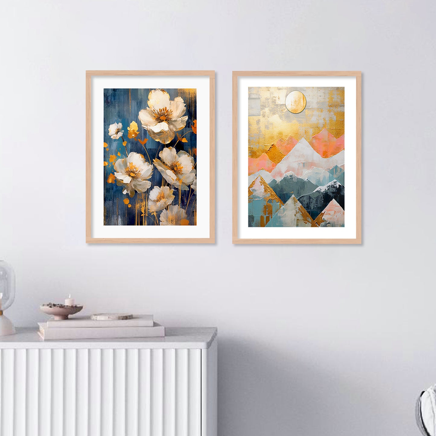 Aesthetic Blue Floral Modern Wall Decor Paintings with Frame for Home Decoration