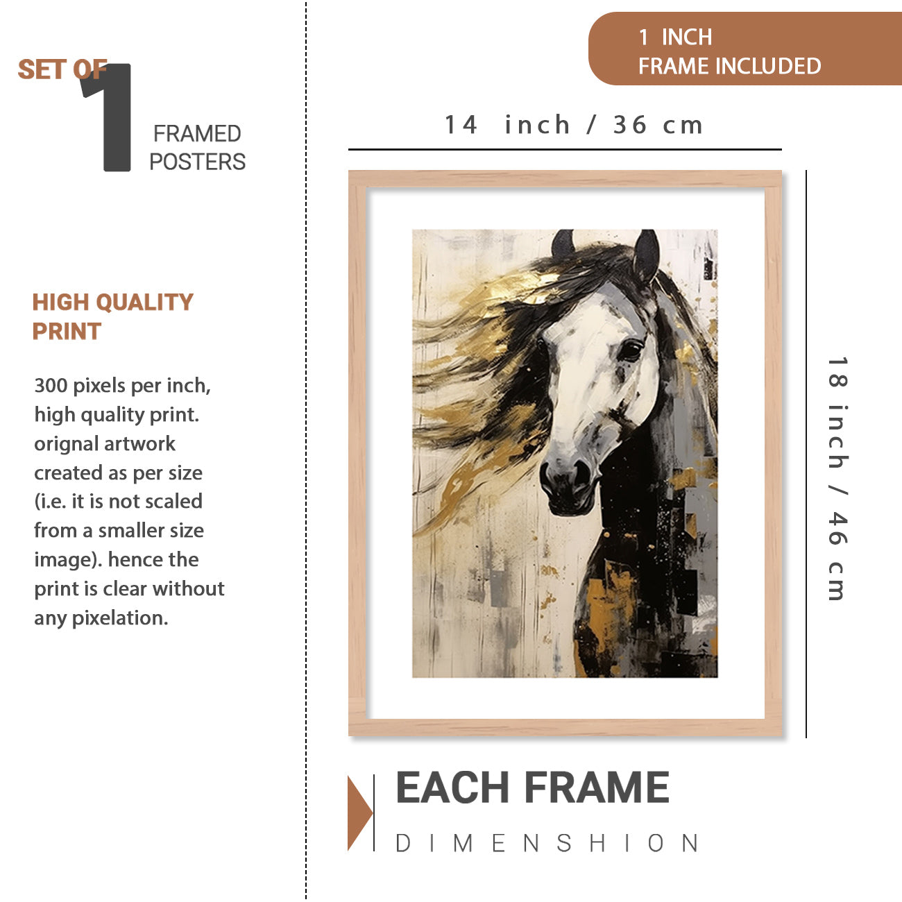 Horse Art Painting with Frame for Living Room Bedroom Office Wall Decor