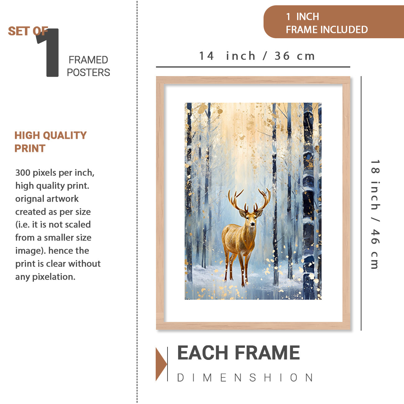 Deer Art Painting with Frame for Living Room Bedroom Office Wall Decor
