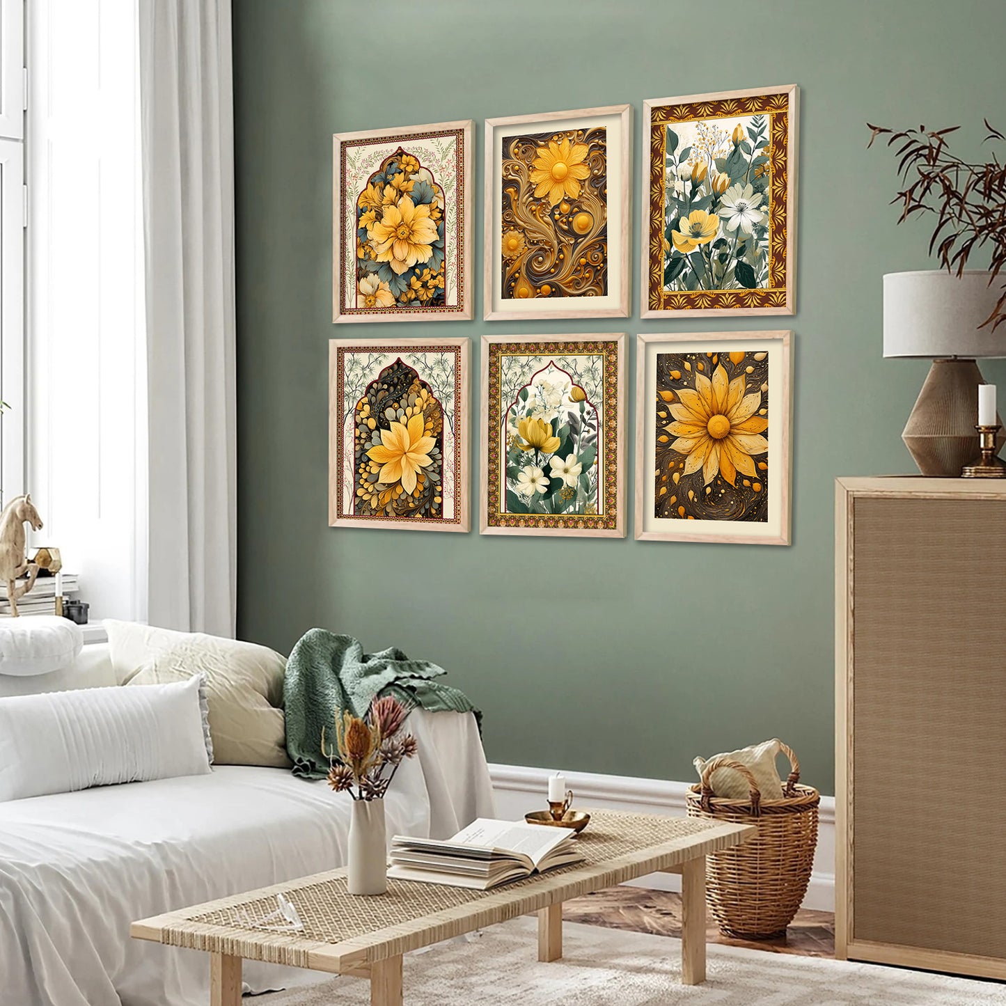Floral Inspired Elegant Wall Decor Paintings with Frame for Home Living Room Bedroom and Office Wall Decor Set of 6
