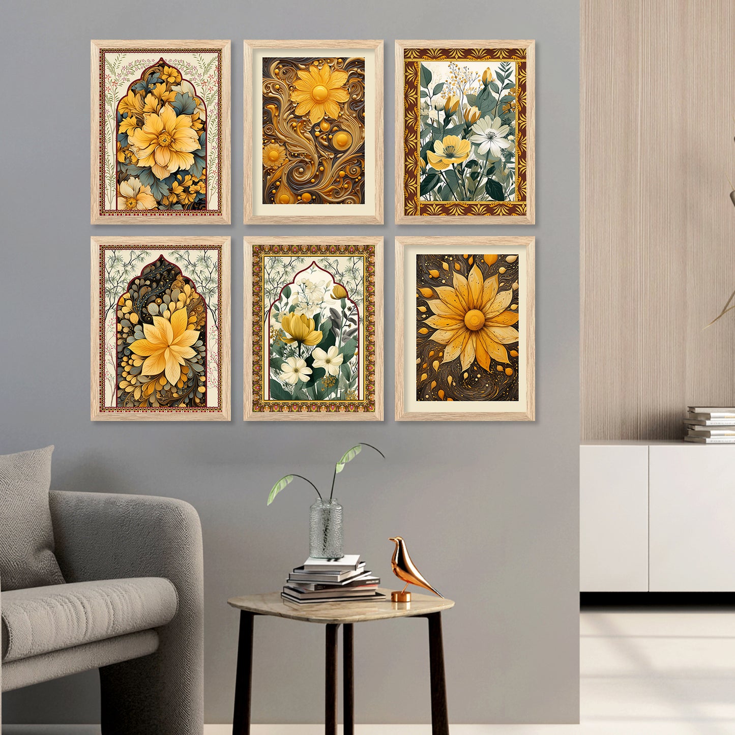 Floral Inspired Elegant Wall Decor Paintings with Frame for Home Living Room Bedroom and Office Wall Decor Set of 6