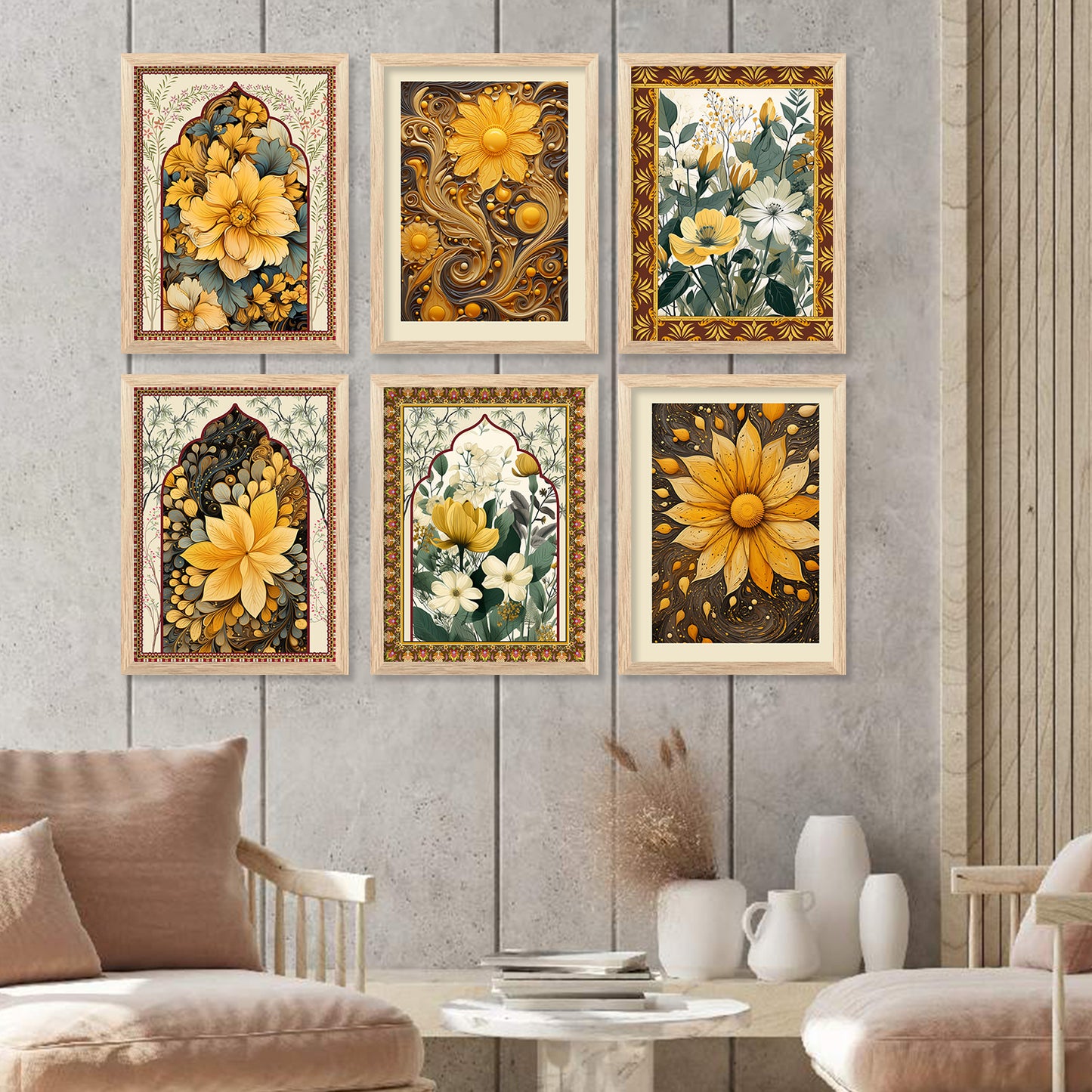 Floral Inspired Elegant Wall Decor Paintings with Frame for Home Living Room Bedroom and Office Wall Decor Set of 6
