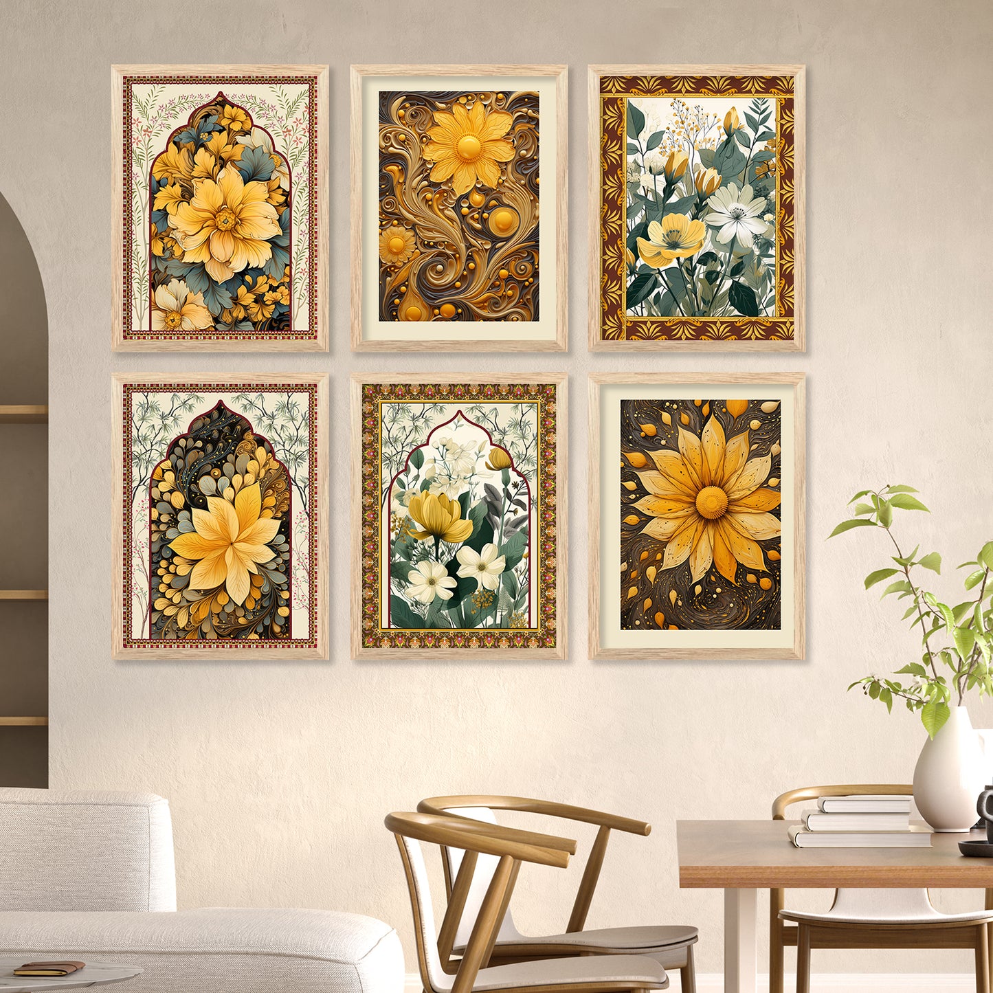 Floral Inspired Elegant Wall Decor Paintings with Frame for Home Living Room Bedroom and Office Wall Decor Set of 6