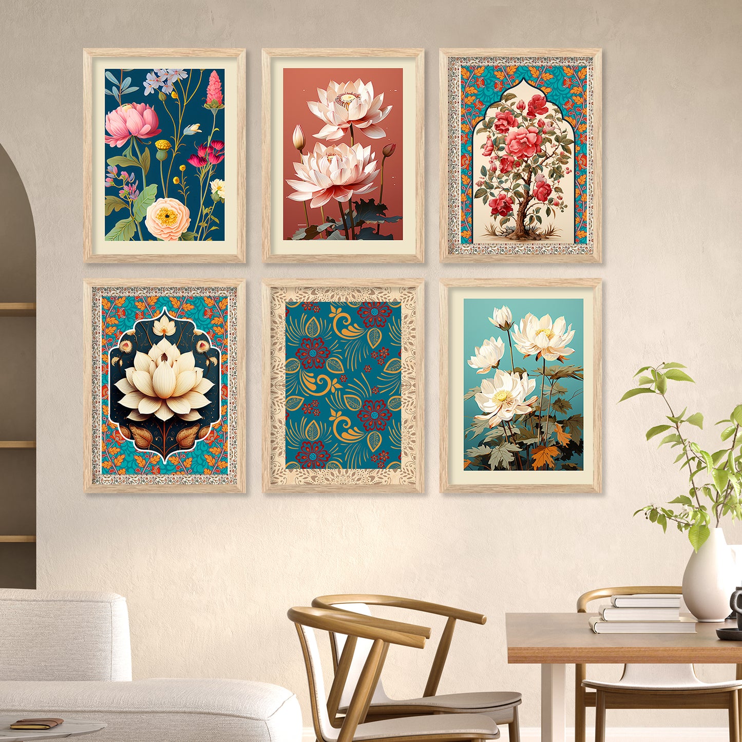 Floral Inspired Elegant Wall Decor Paintings with Frame for Home Living Room Bedroom and Office Wall Decor Set of 6