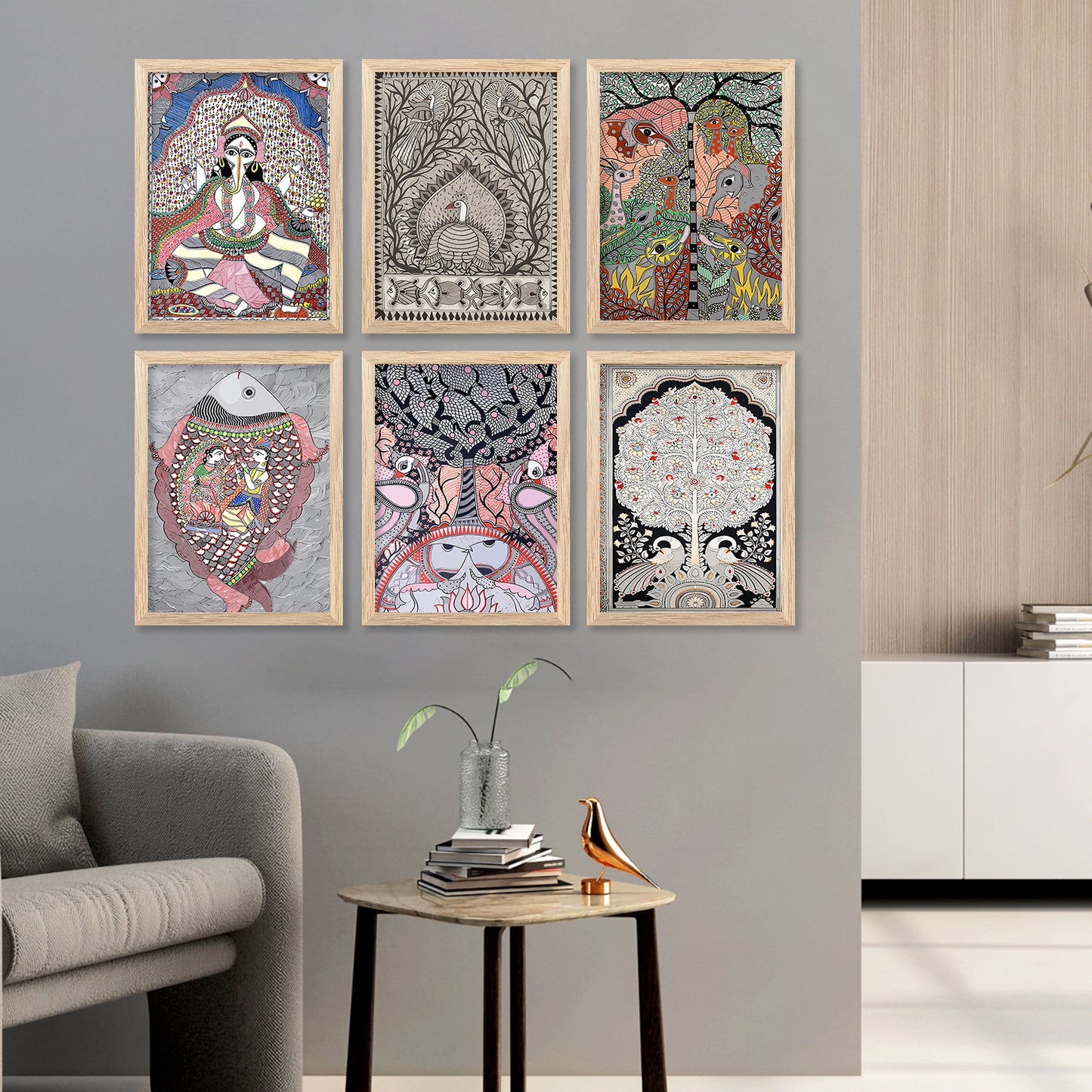 Traditional Indian Pichwai Art Paintings with Frame for Home Decor Set of 6