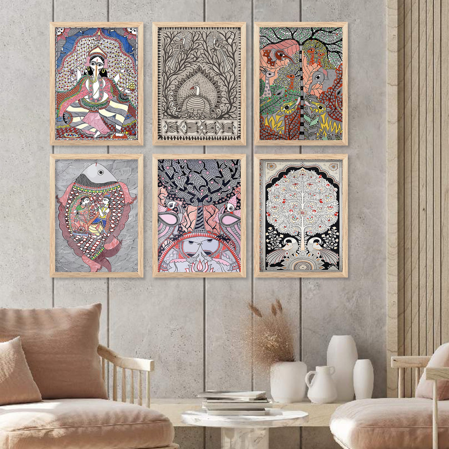 Traditional Indian Pichwai Art Paintings with Frame for Home Decor Set of 6