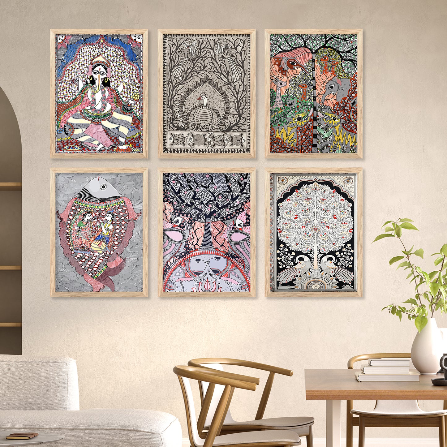 Traditional Indian Pichwai Art Paintings with Frame for Home Decor Set of 6