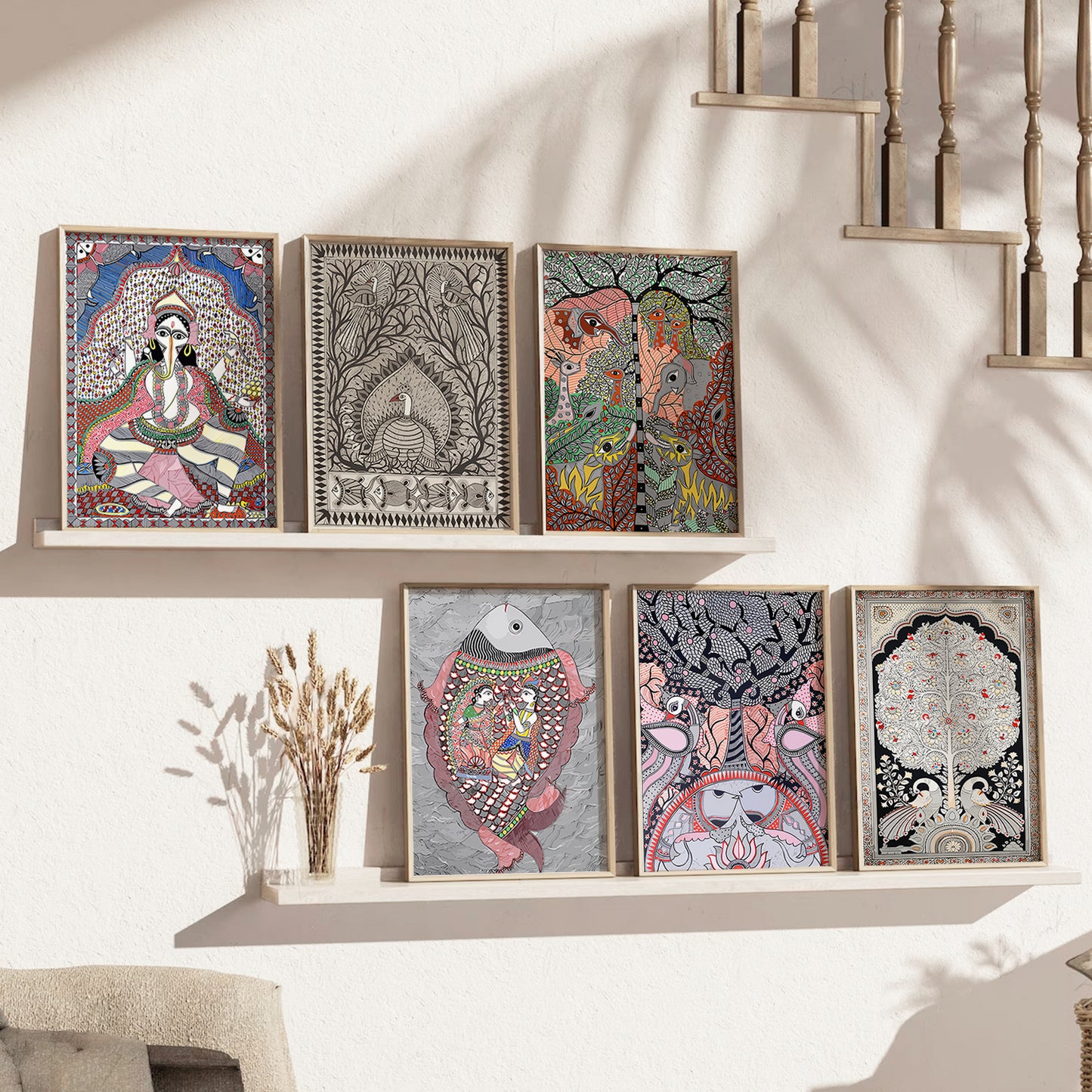 Traditional Indian Pichwai Art Paintings with Frame for Home Decor Set of 6