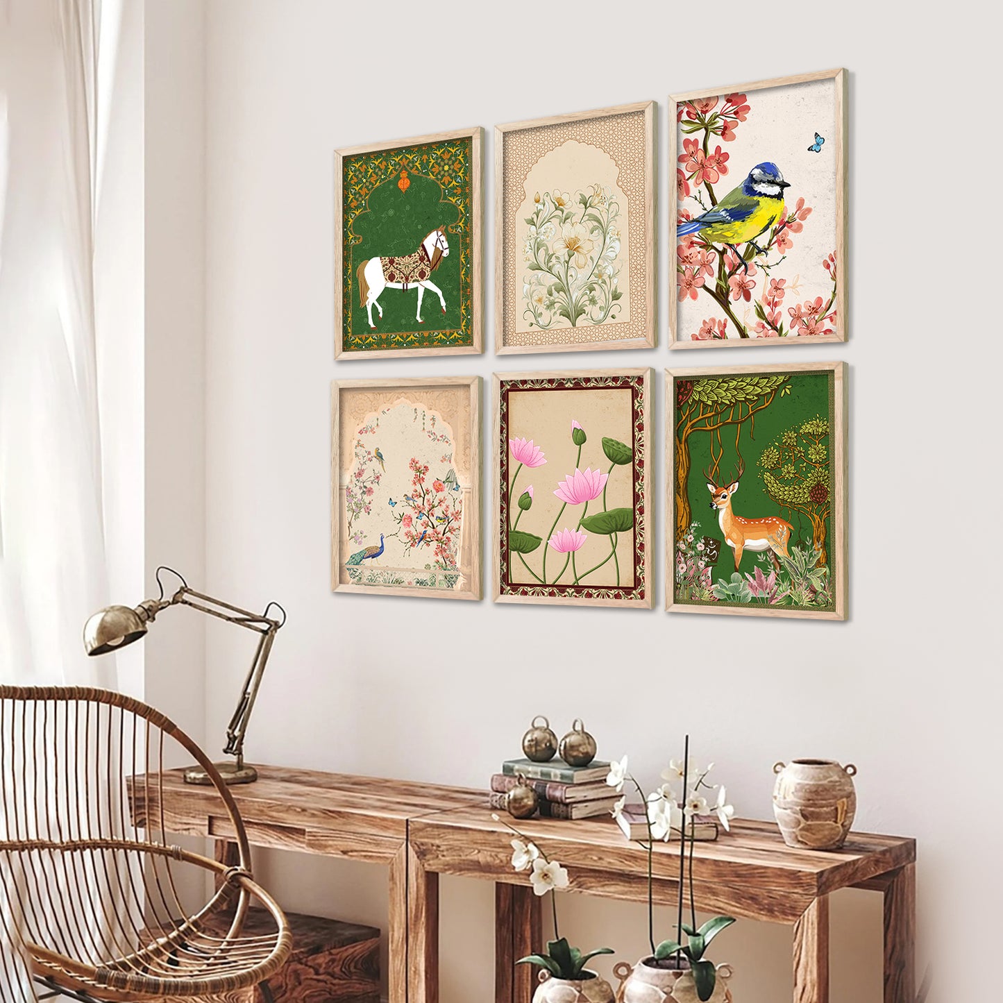 Traditional Indian Madhubani / Pichwai Art Framed Posters for Home Living Room Bedroom Wall Decor Set of 6
