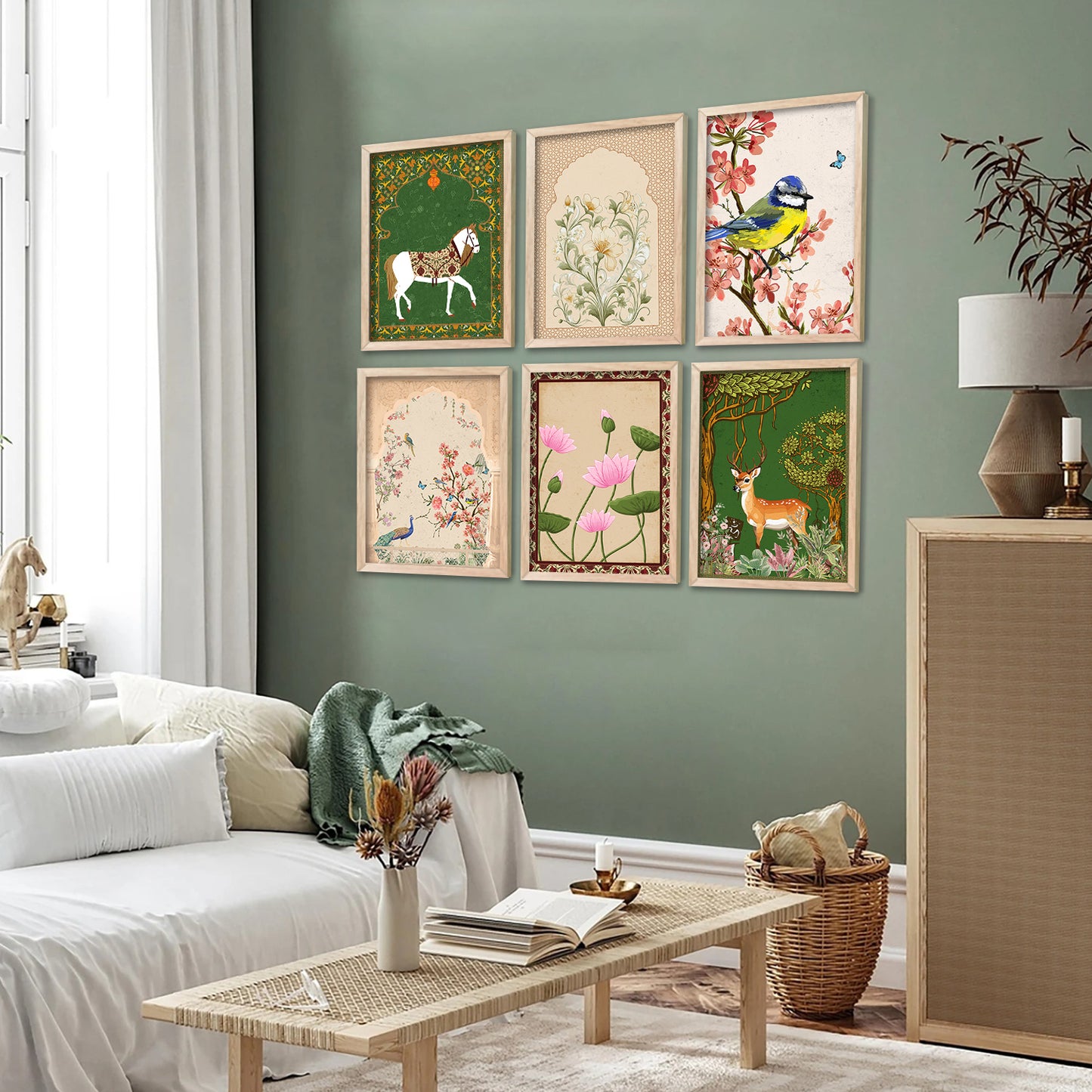 Traditional Indian Madhubani / Pichwai Art Framed Posters for Home Living Room Bedroom Wall Decor Set of 6