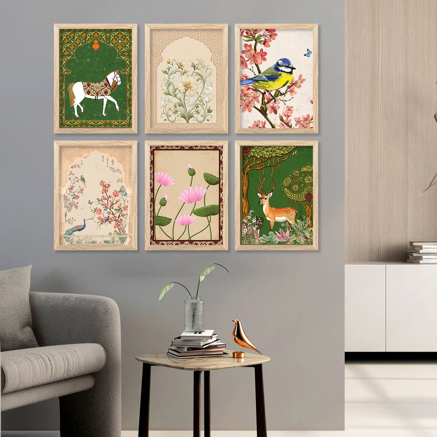 Traditional Indian Madhubani / Pichwai Art Framed Posters for Home Living Room Bedroom Wall Decor Set of 6