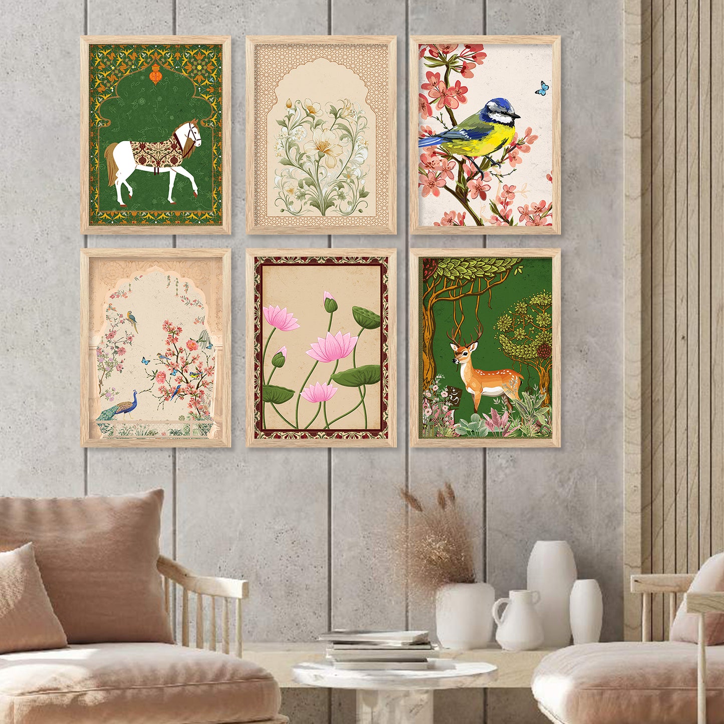 Traditional Indian Madhubani / Pichwai Art Framed Posters for Home Living Room Bedroom Wall Decor Set of 6