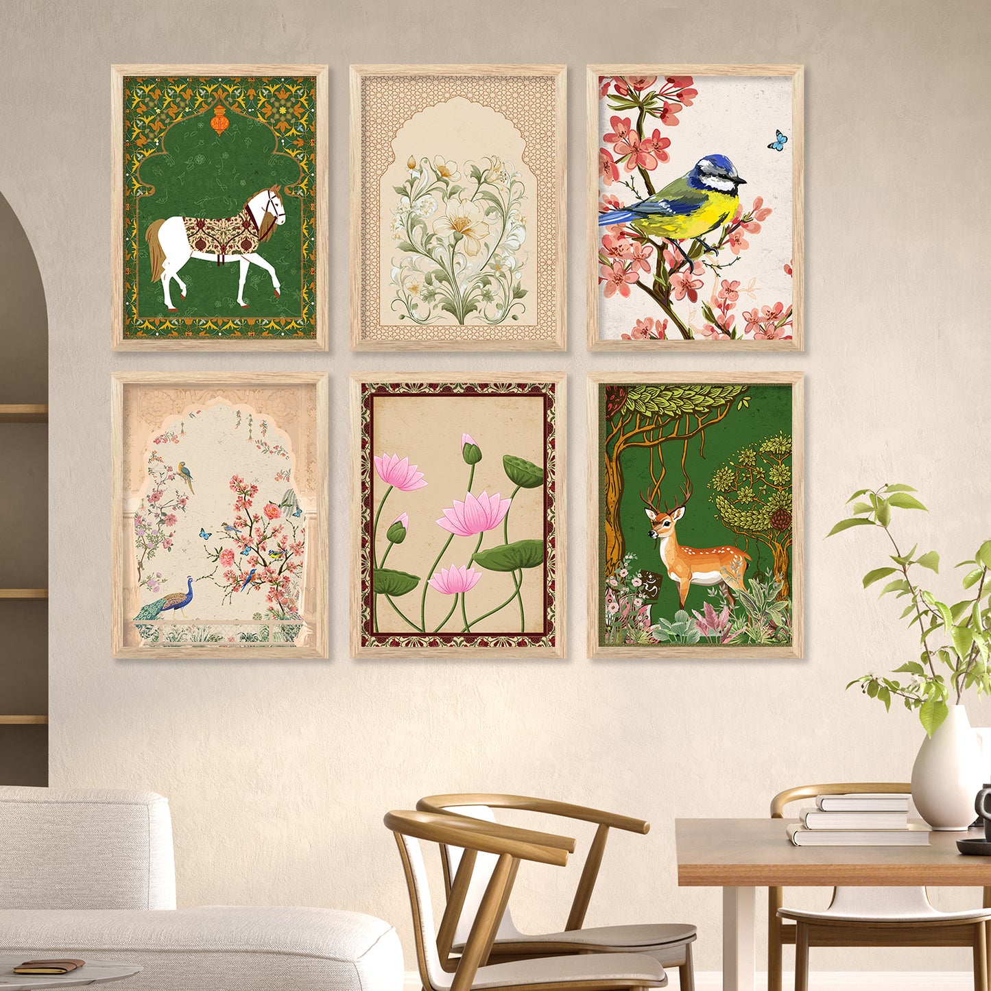 Traditional Indian Madhubani / Pichwai Art Framed Posters for Home Living Room Bedroom Wall Decor Set of 6