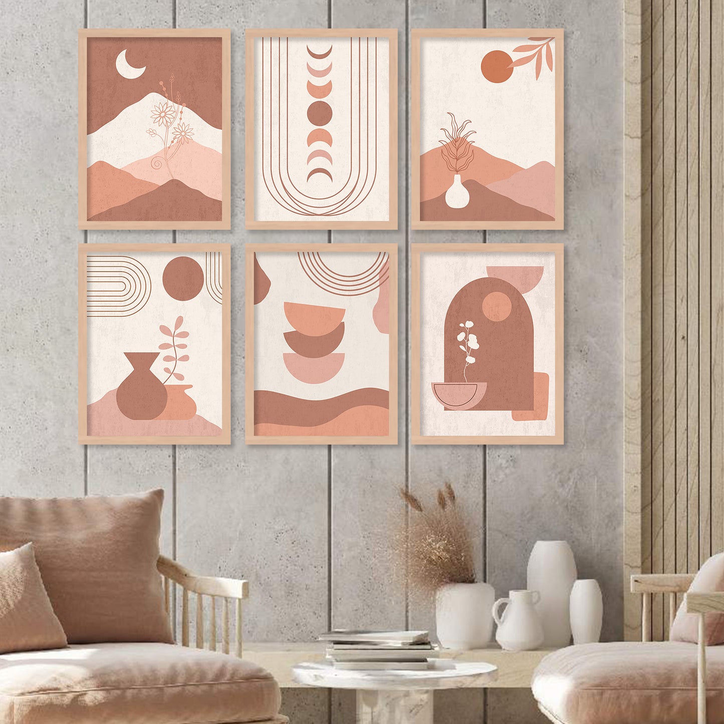 Minimal Boho Art Framed Posters for Home Living Room Bedroom and Office Wall Decor Set of 6