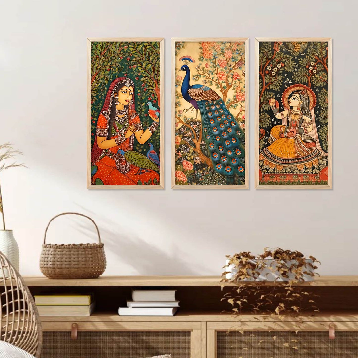 Traditional Indian Madhubani Art Prints with Frame for Wall Decor