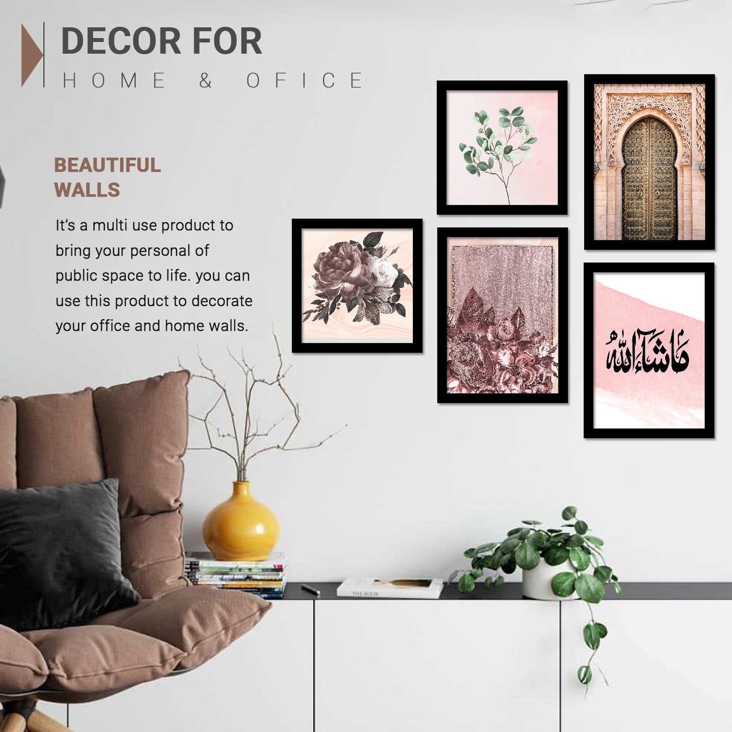 Wall Decor Modern Art Framed Wall Painting Poster for Living room Bedroom Office Gifts Home Decoration Frame In Beige (Set of 5) 11x14 Inches