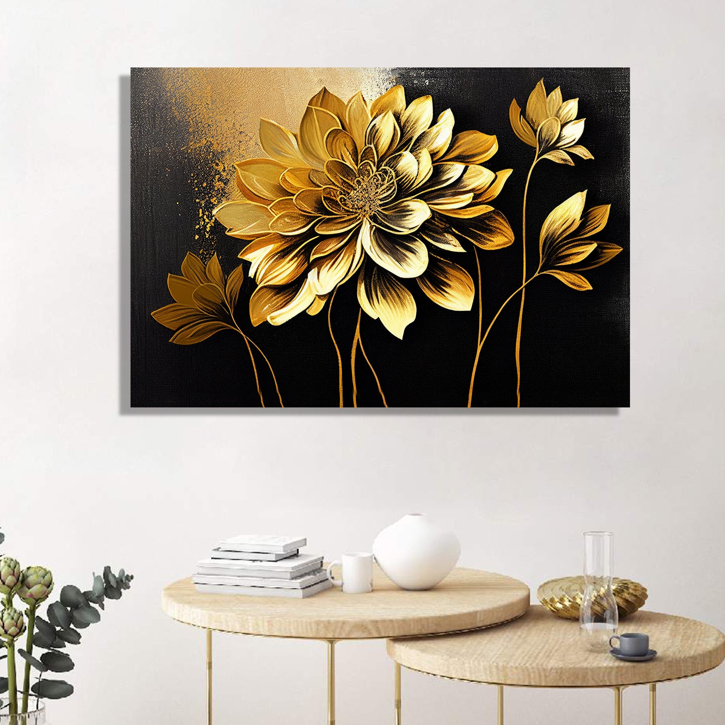 Golden Floral Art Painting for Wall Decor - Canvas Art for Living Room Bedroom Wall Decoration