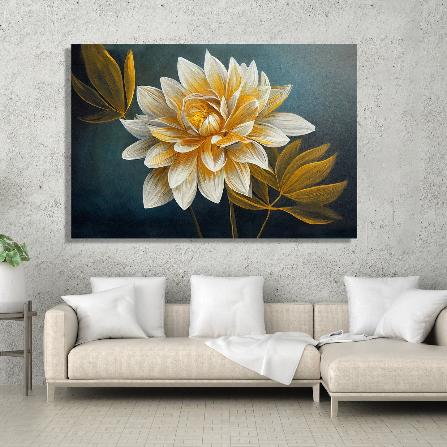 Golden Floral Art Painting for Wall Decor - Canvas Art for Living Room Bedroom Wall