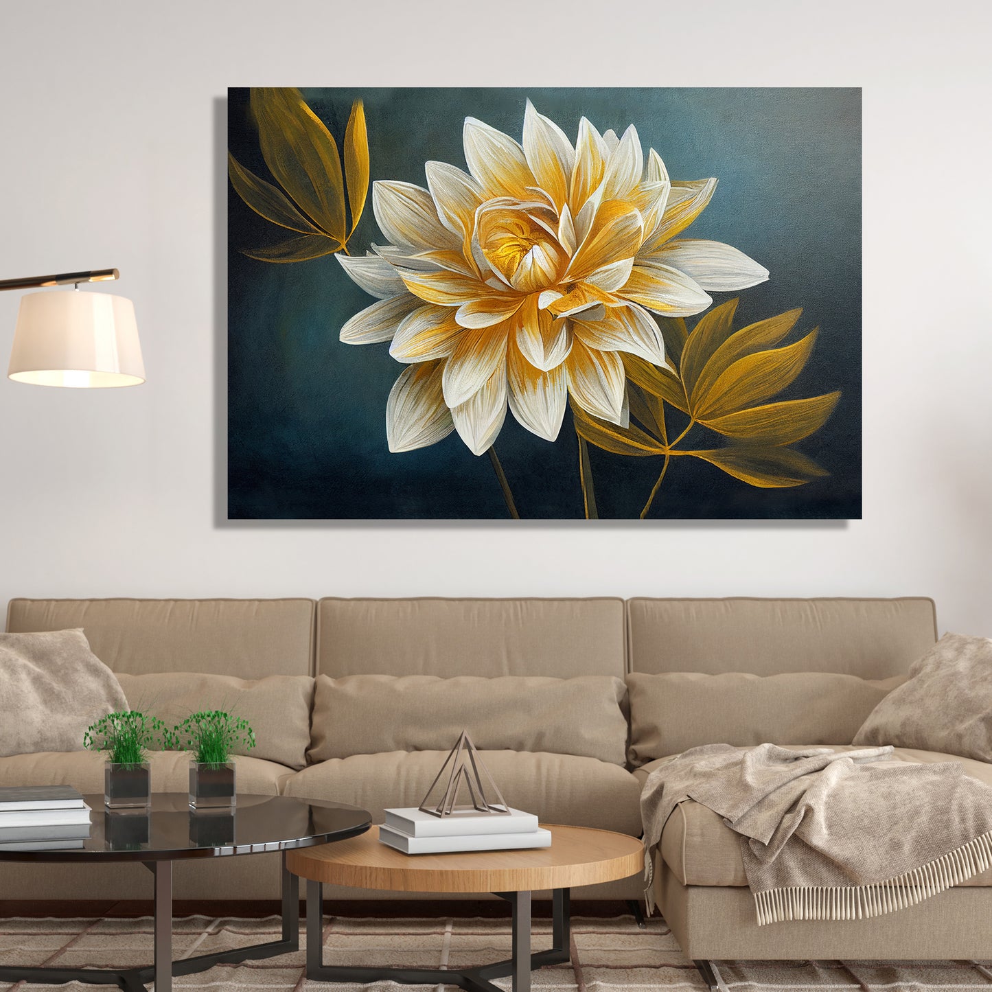 Golden Floral Art Painting for Wall Decor - Canvas Art for Living Room Bedroom Wall