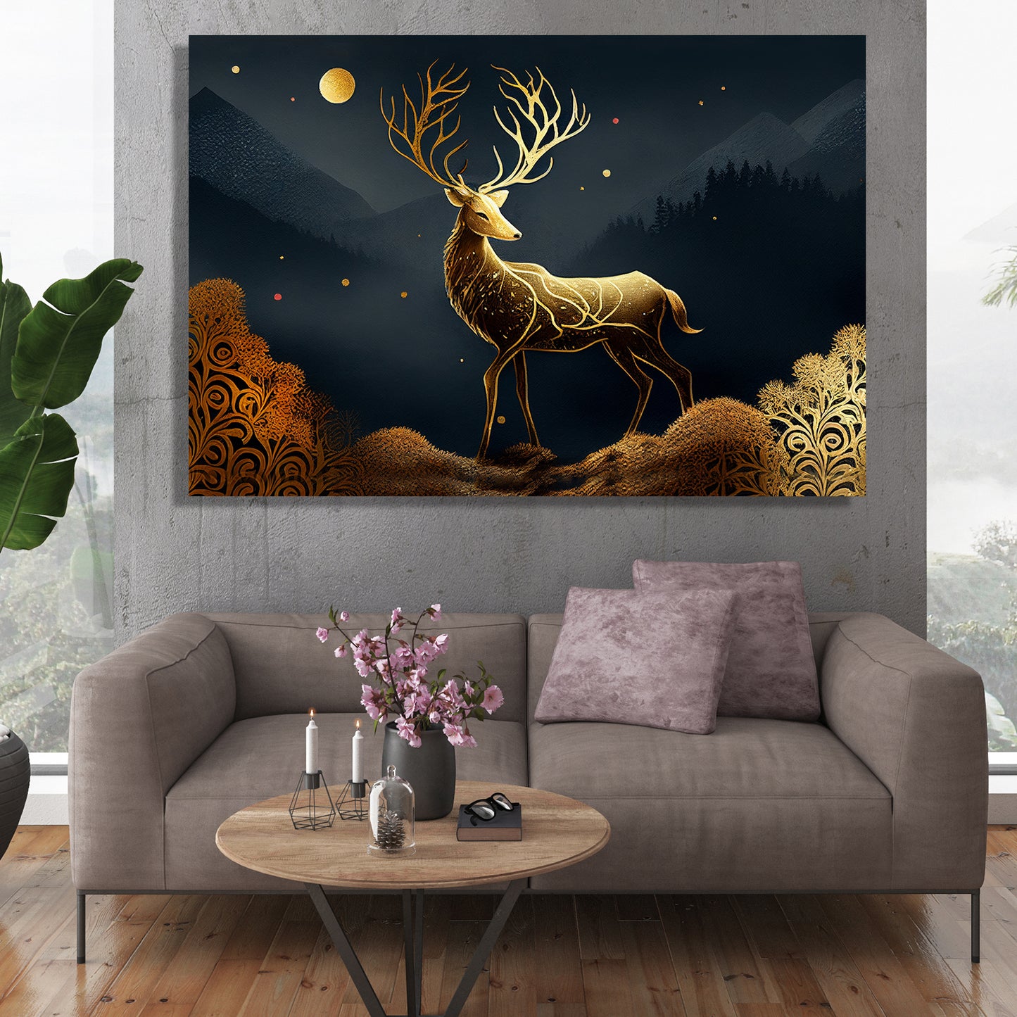 Nature Inspired Modern Deer Art Canvas Painting - Green and Golden
