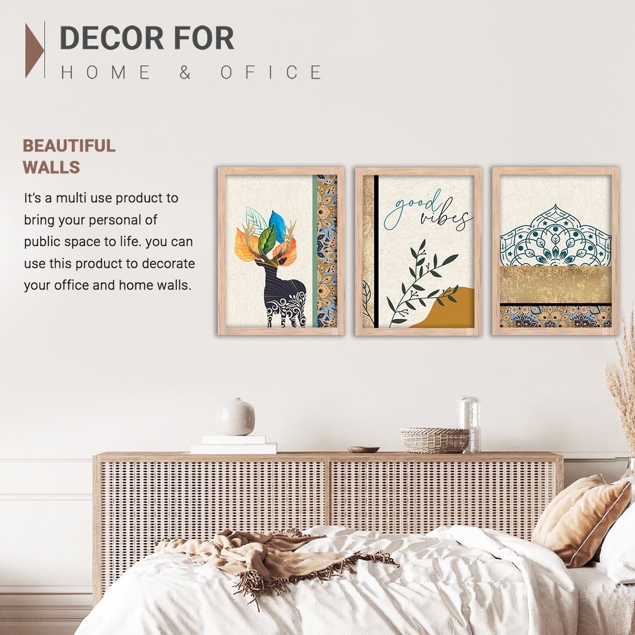 Wall Decor Modern Art Framed Wall Painting Poster for Living room Bedroom Office Gifts Home Decoration Frame In Beige (Set of 3) 11x14 Inches