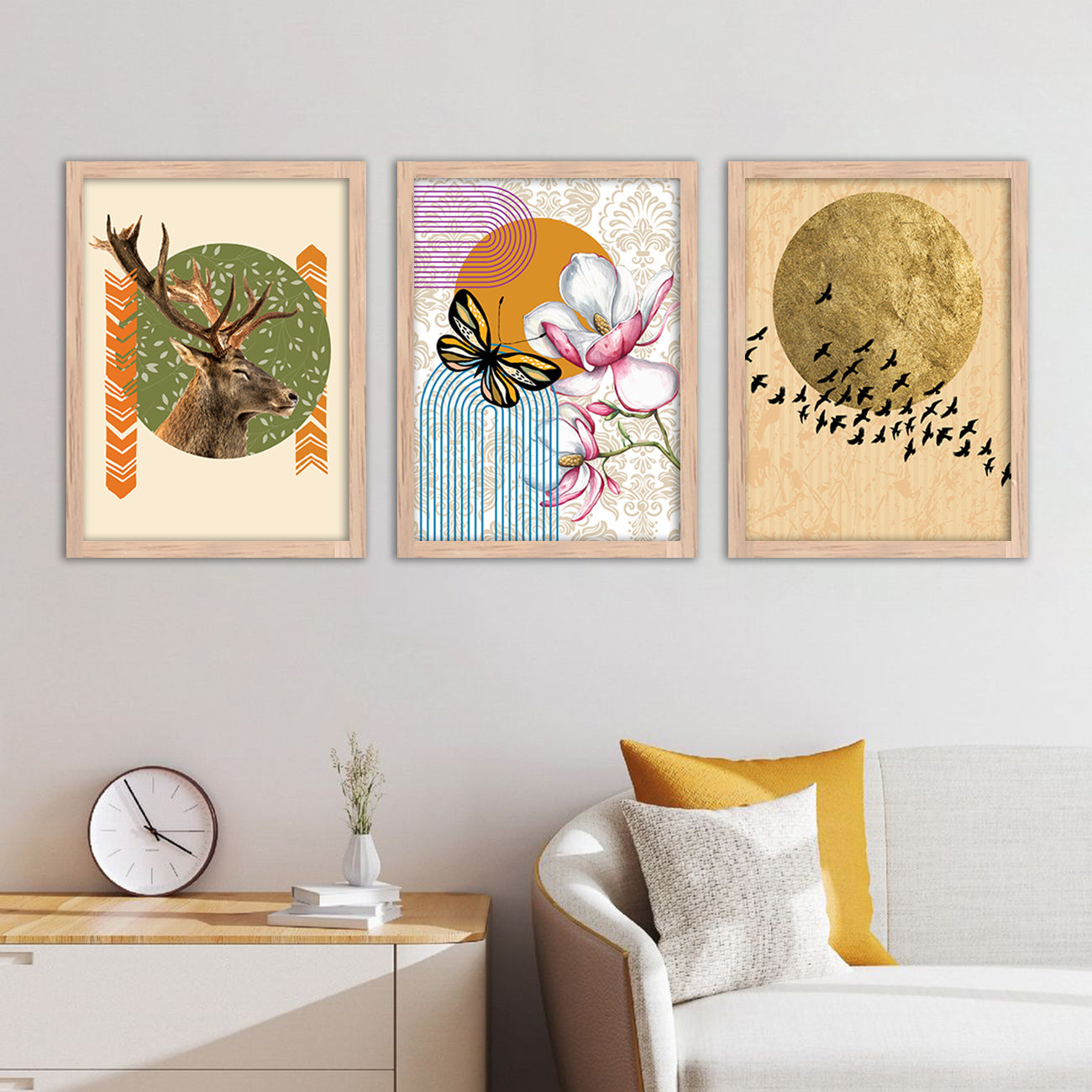 Wall Decor Modern Art Framed Wall Painting Poster for Living room Bedroom Office Gifts Home Decoration Frame In Beige (Set of 3) 11x14 Inches