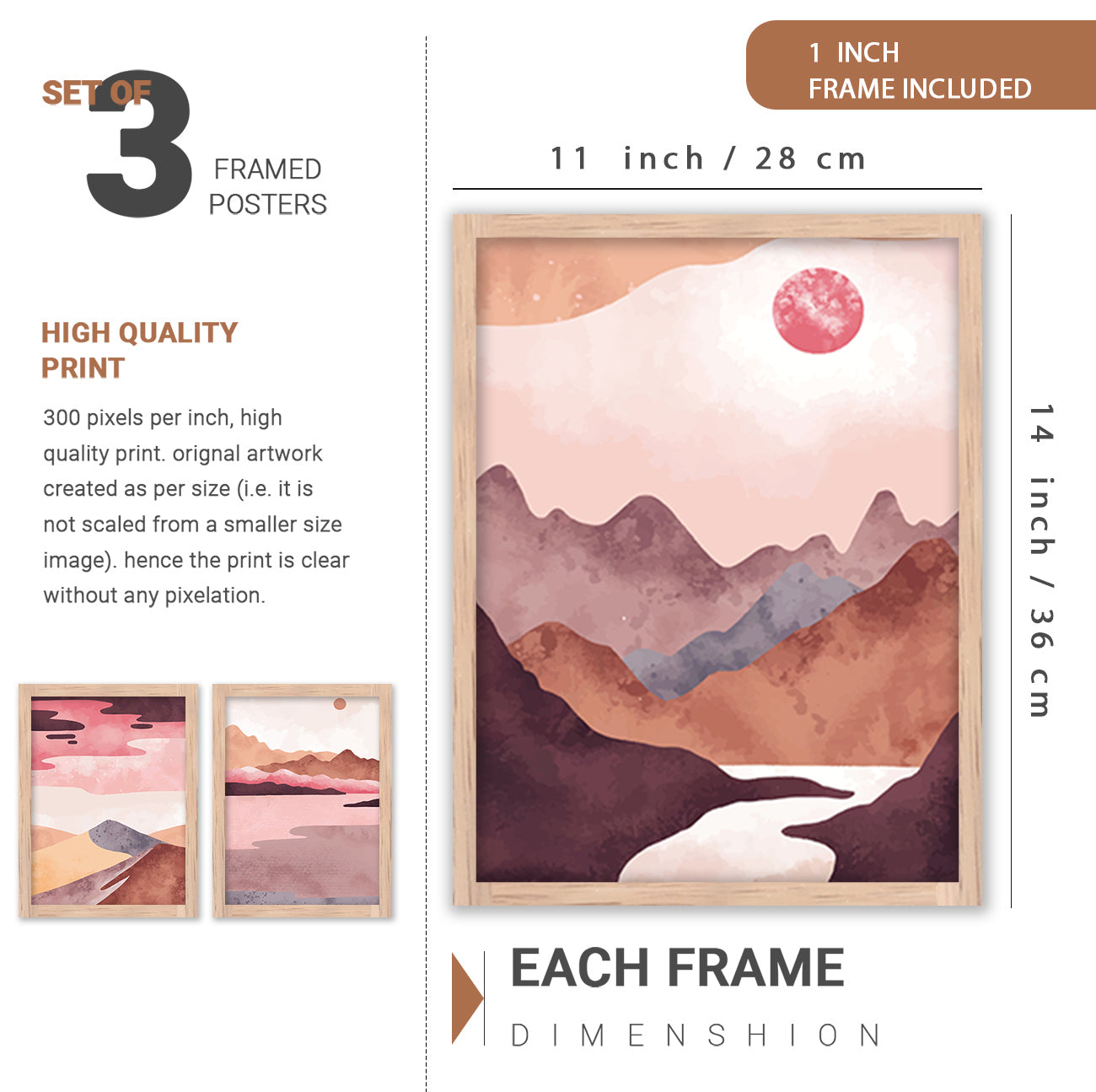 Wall Decor Modern Art Framed Wall Painting Poster for Living room Bedroom Office Gifts Home Decoration Frame In Beige (Set of 3) 11x14 Inches