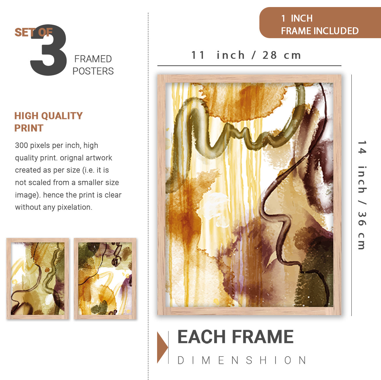 Wall Decor Modern Art Framed Wall Painting Poster for Living room Bedroom Office Gifts Home Decoration Frame In Beige (Set of 3) 11x14 Inches