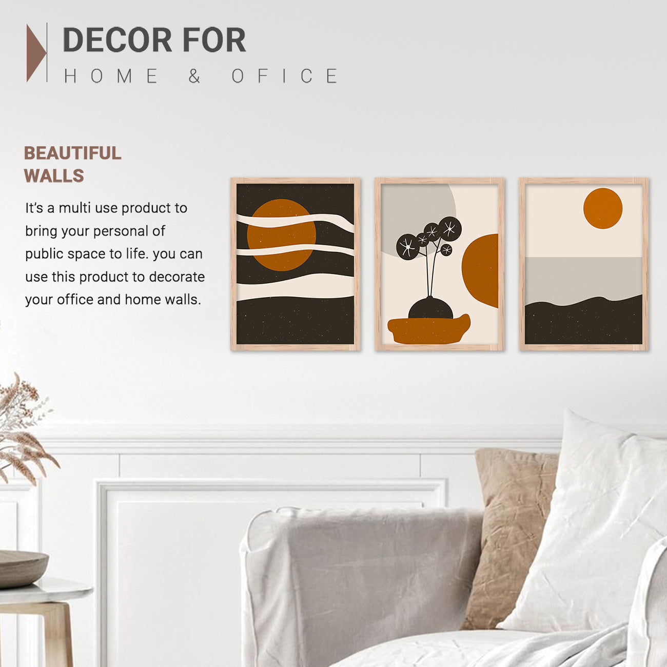 Wall Decor Modern Art Framed Wall Painting Poster for Living room Bedroom Office Gifts Home Decoration Frame In Beige (Set of 3) 11x14 Inches
