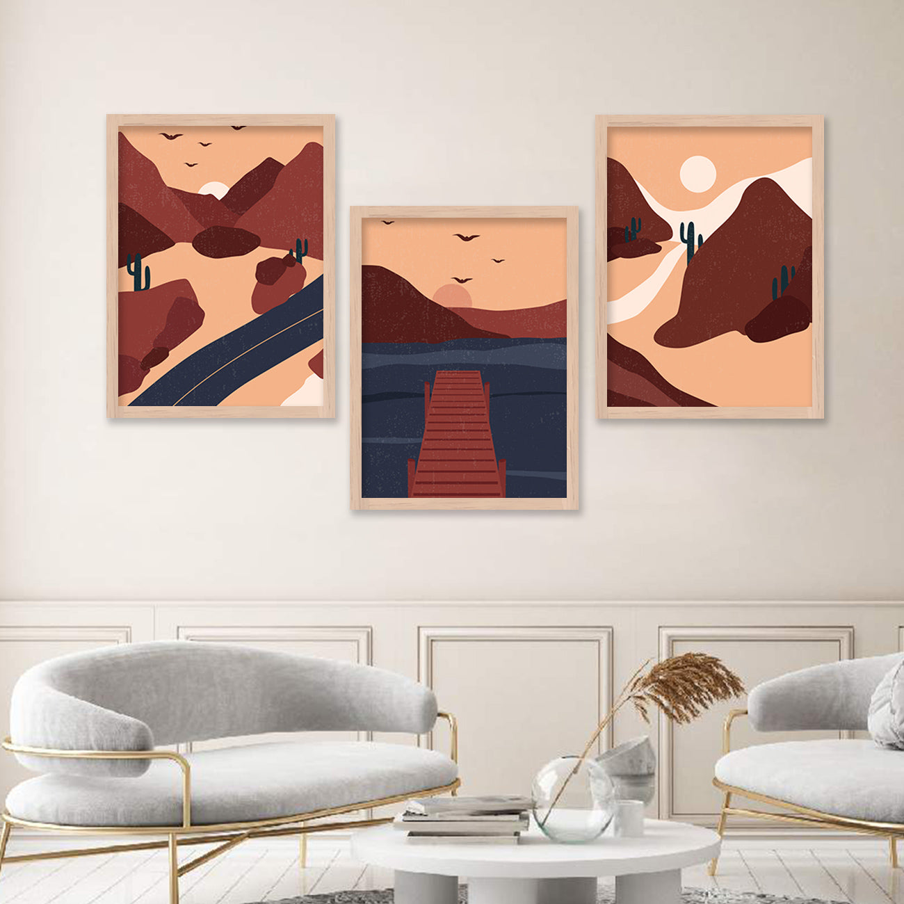 Wall Decor Modern Art Framed Wall Painting Poster for Living room Bedroom Office Gifts Home Decoration Frame In Beige (Set of 3) 11x14 Inches