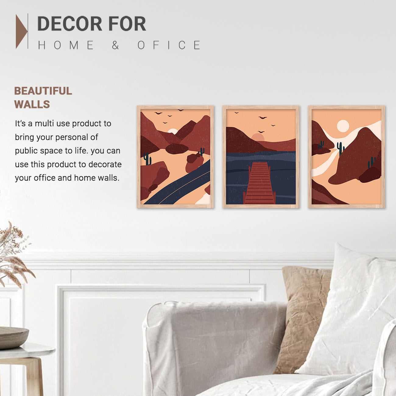 Wall Decor Modern Art Framed Wall Painting Poster for Living room Bedroom Office Gifts Home Decoration Frame In Beige (Set of 3) 11x14 Inches