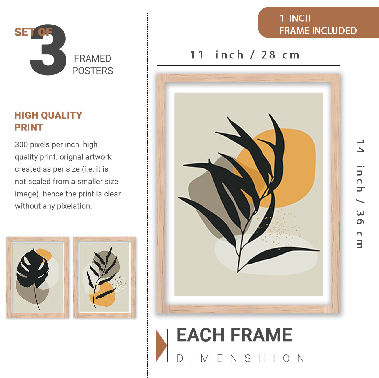Wall Decor Modern Art Framed Wall Painting Poster for Living room Bedroom Office Gifts Home Decoration Frame In Beige (Set of 3) 11x14 Inches