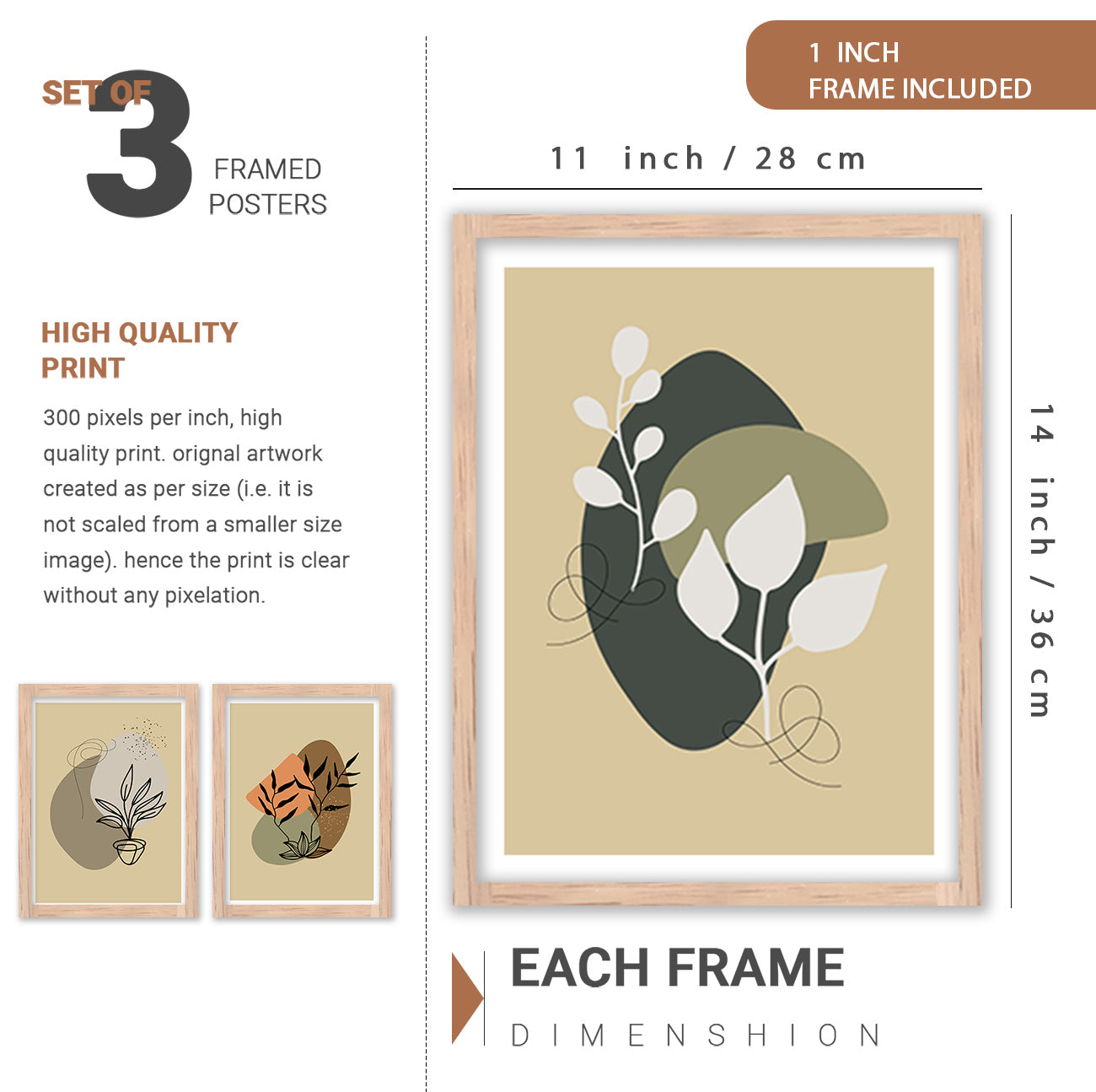 Wall Decor Modern Art Framed Wall Painting Poster for Living room Bedroom Office Gifts Home Decoration Frame In Beige (Set of 3) 11x14 Inches