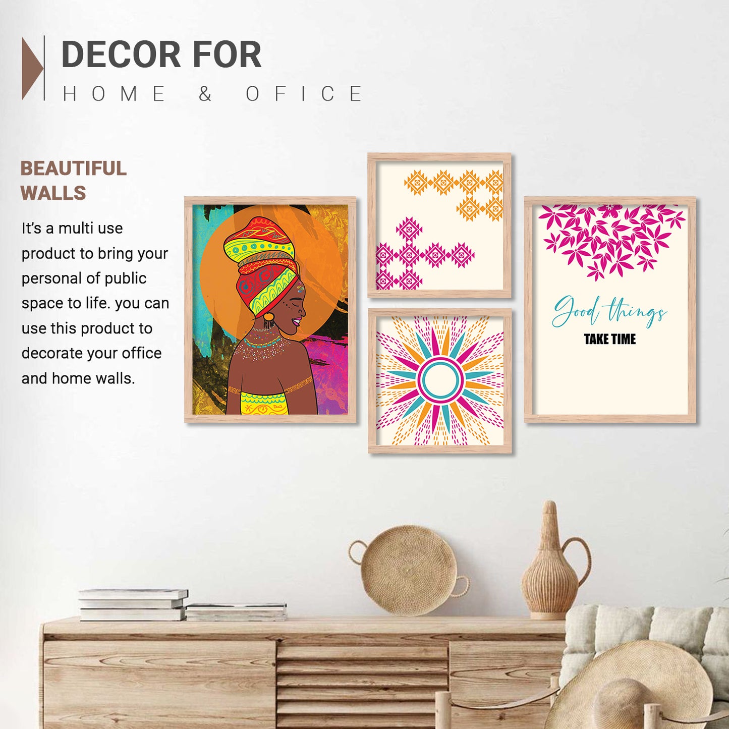 Wall Decor Modern Art Framed Wall Painting Poster for Living room Bedroom Office Gifts Home Decoration Frame In Beige (Set of 4) 11x14 Inches