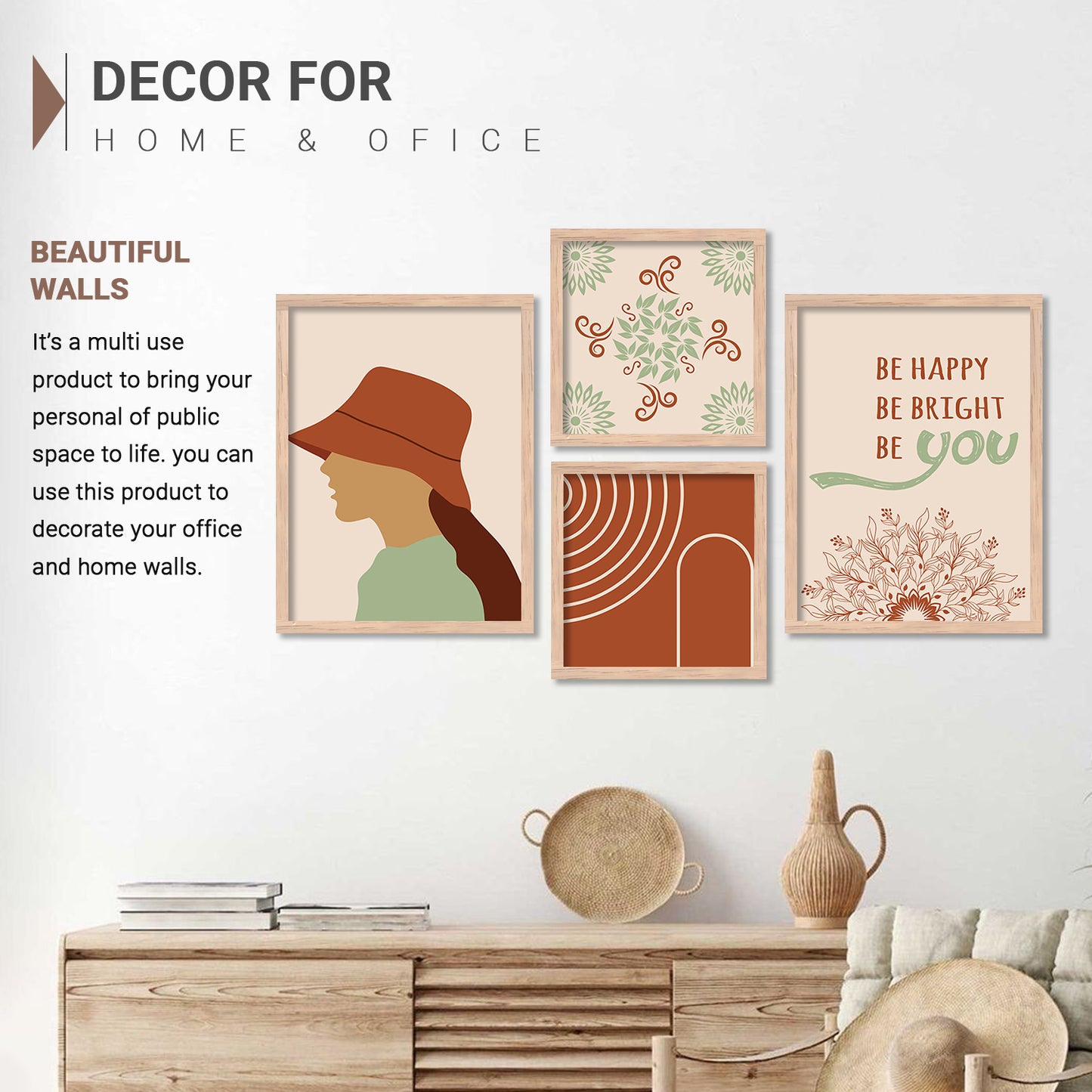 Wall Decor Modern Art Framed Wall Painting Poster for Living room Bedroom Office Gifts Home Decoration Frame In Beige (Set of 4) 11x14 Inches
