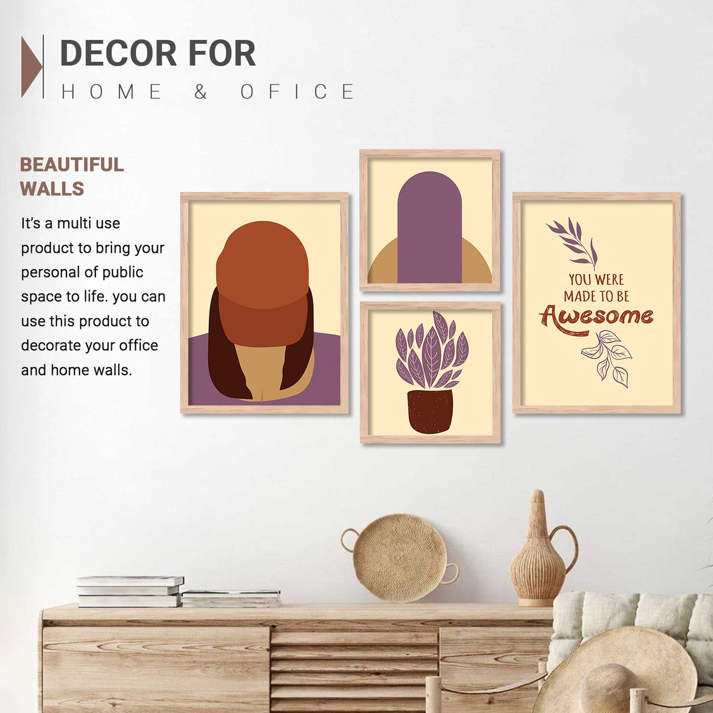 Wall Decor Modern Art Framed Wall Painting Poster for Living room Bedroom Office Gifts Home Decoration Frame In Beige (Set of 4) 11x14 Inches