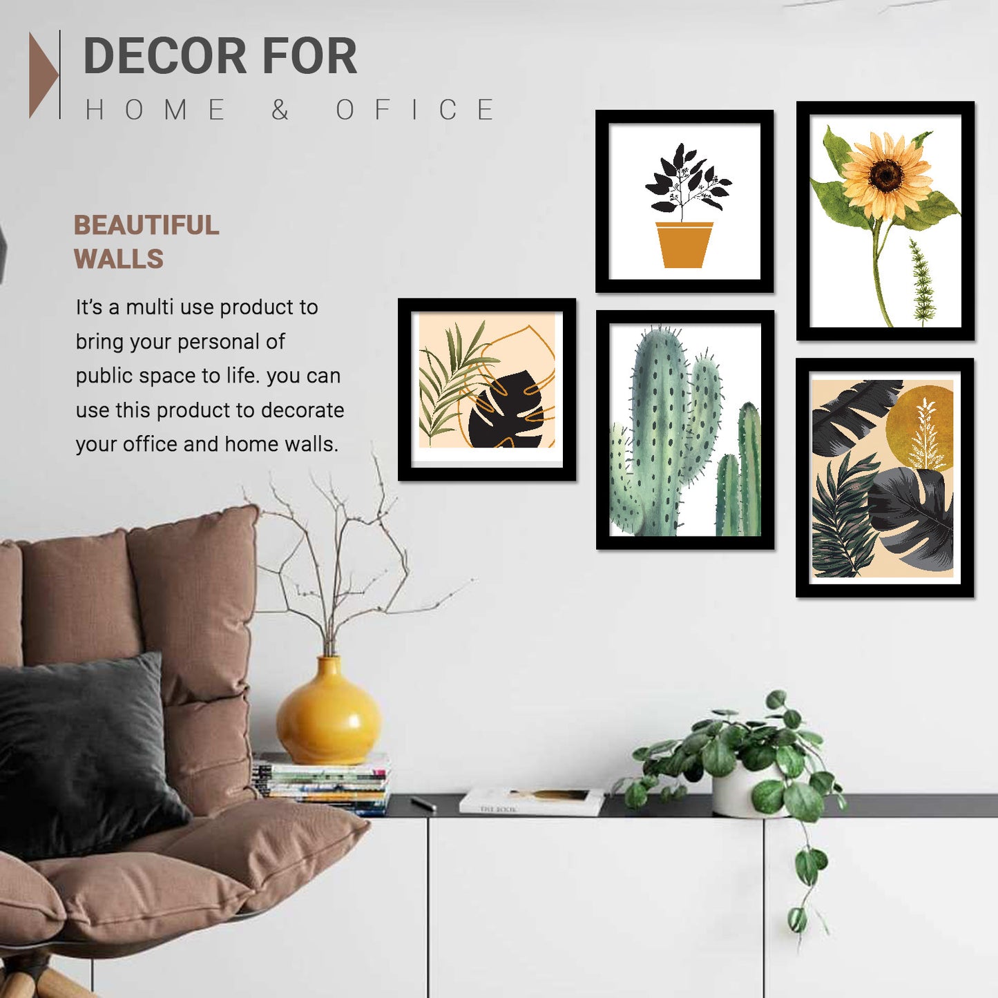 Wall Decor Modern Art Framed Wall Painting Poster for Living room Bedroom Office Gifts Home Decoration Frame In Beige (Set of 5) 11x14 Inches
