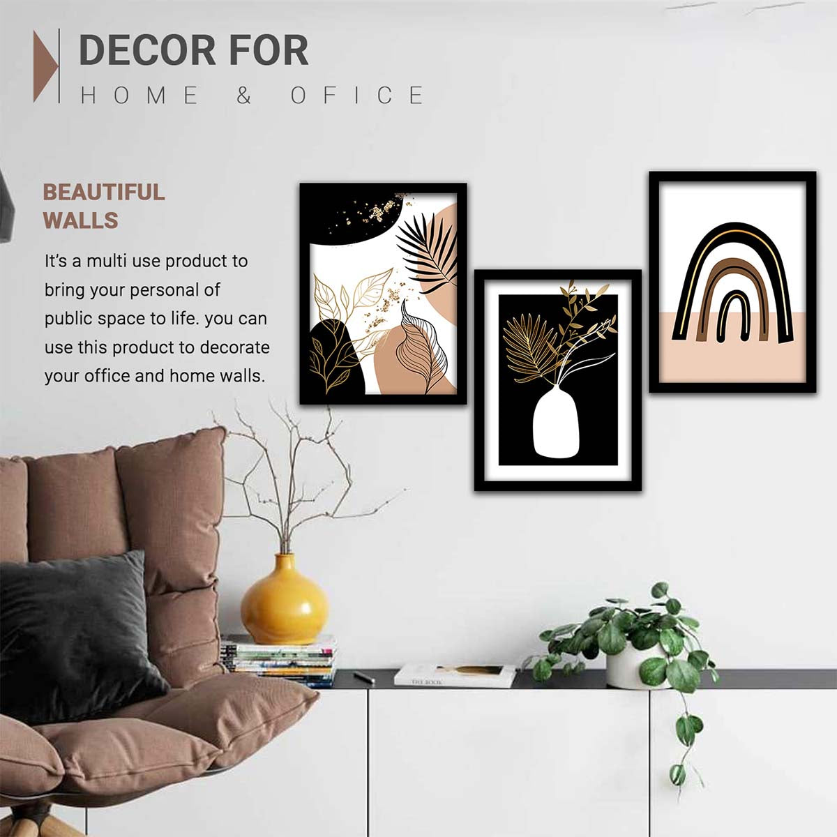 Wall Decor Modern Art Framed Wall Painting Poster for Living room Bedroom Office Gifts Home Decoration Frame In Beige (Set of 3) 11x14 Inches