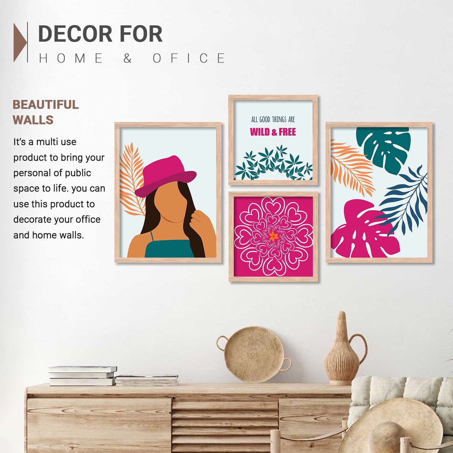 Wall Decor Framed Paintings For Living Room Bedroom - Framed Posters For Girls (Set of 4) 11x14 Inches (Pattern 3)