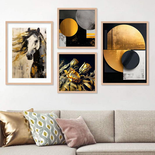 Aesthetic Golden and Black Modern Horse Art Wall Decor Paintings with Frame for Living Room Bedroom Home Decoration