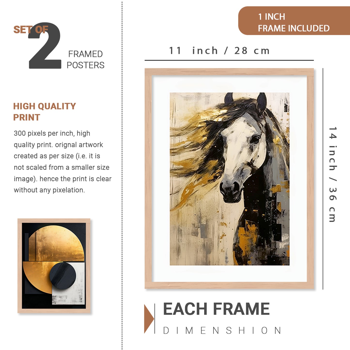 Aesthetic Golden and Black Modern Horse Art Wall Decor Paintings with Frame for Living Room Bedroom Home Decoration