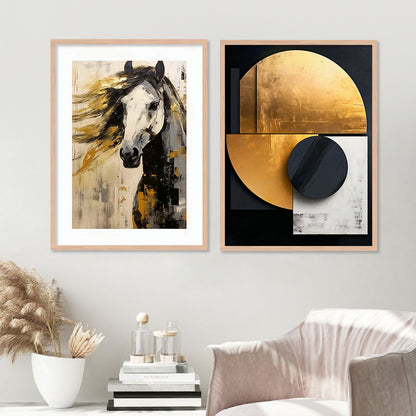 Aesthetic Golden and Black Modern Horse Art Wall Decor Paintings with Frame for Living Room Bedroom Home Decoration