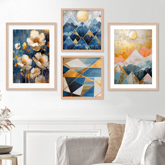 Aesthetic Blue Floral Modern Wall Decor Paintings with Frame for Home Decoration