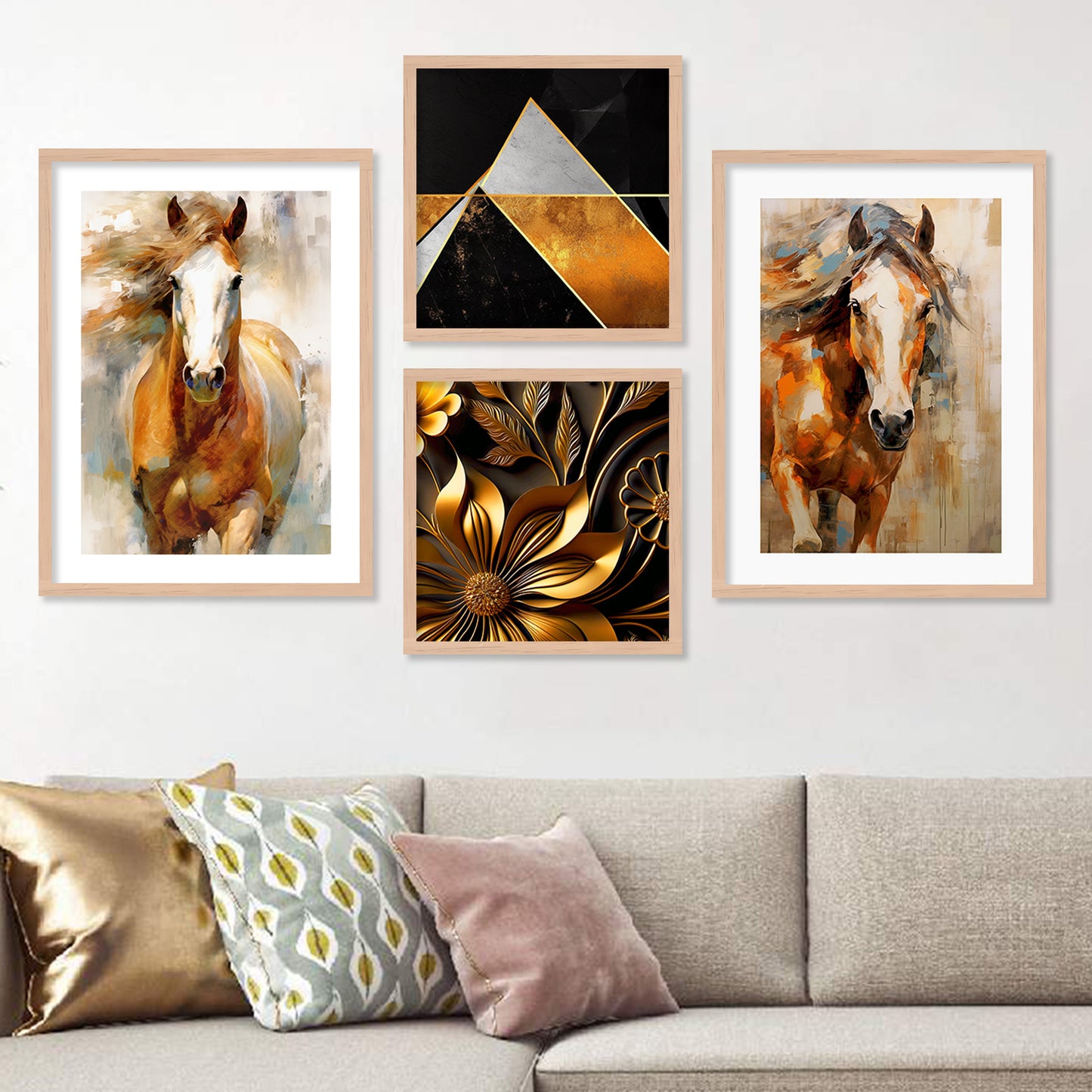 Aesthetic Golden and Black Modern Horse Art Wall Decor Paintings with Frame for Living Room Bedroom Home Decoration