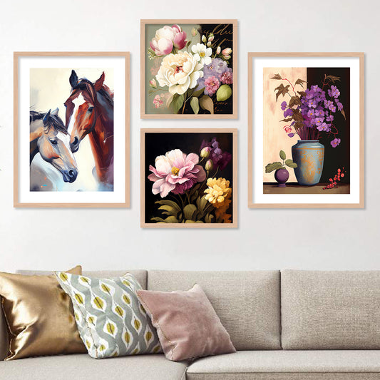 Floral Horse Wall Decor Paintings with Frame for Home Decoration