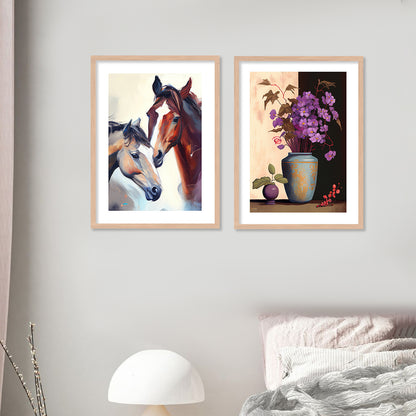 Floral Horse Wall Decor Paintings with Frame for Home Decoration