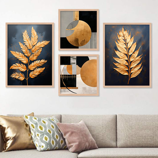 Premium Golden Leaf Wall Decor Paintings with Frame for Home Decoration